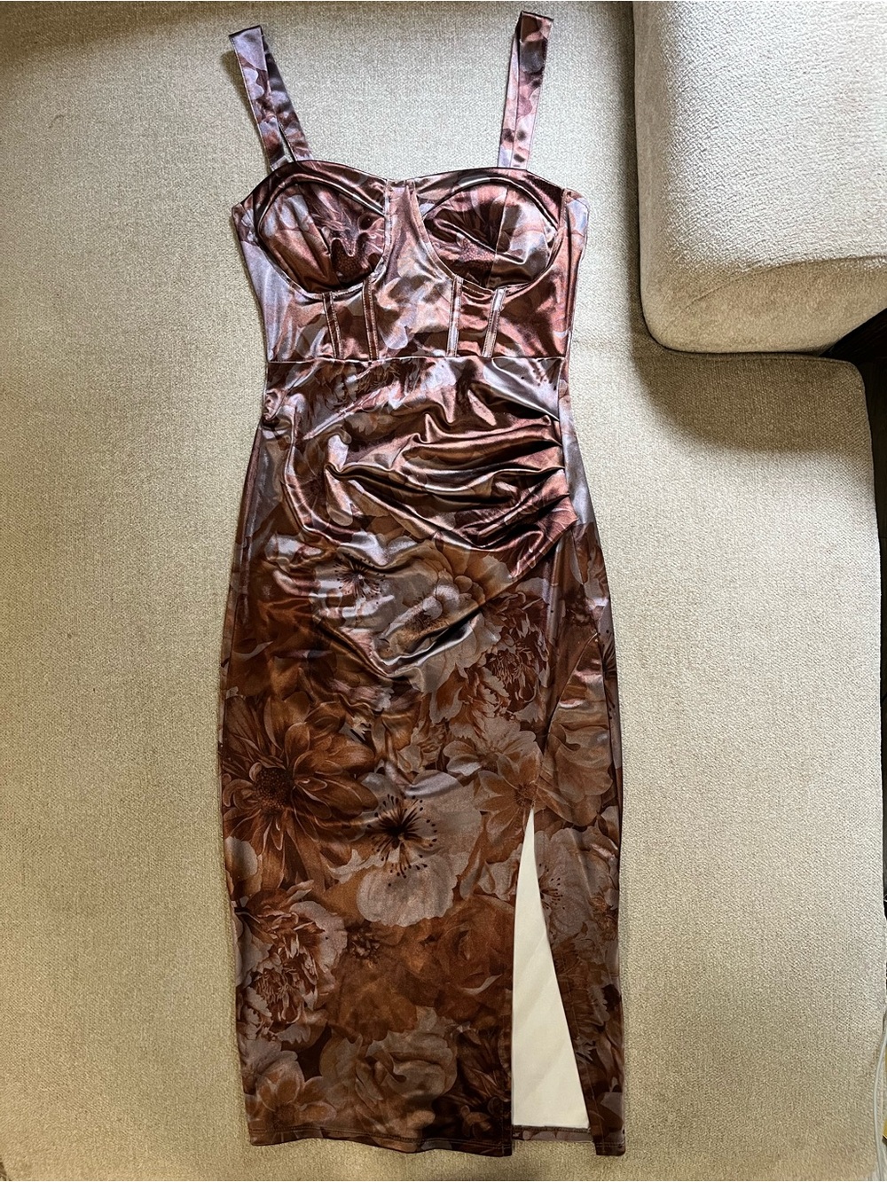 Inspired Hearts Brown Floral Satin Midi Dress with Corset Bustier Small
